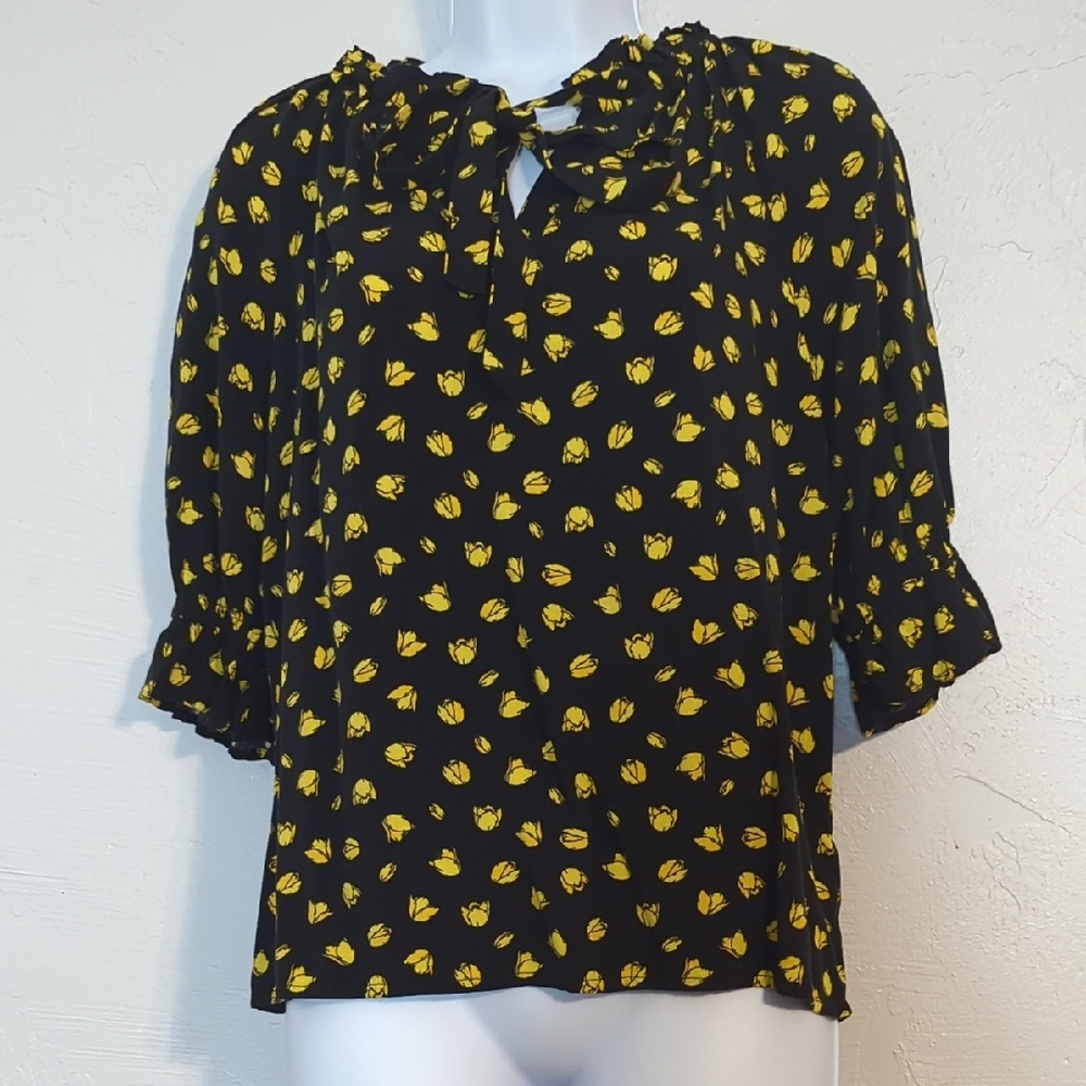 Black Yellow Floral Lightweight Breathable Flowy Casual Whimsical Office Blouse